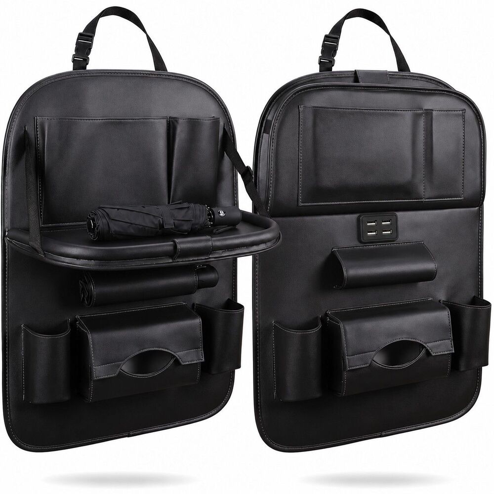 Car Back Seat Organizer Fold Down Tray 4 USB Ports PU Leather Black Tested